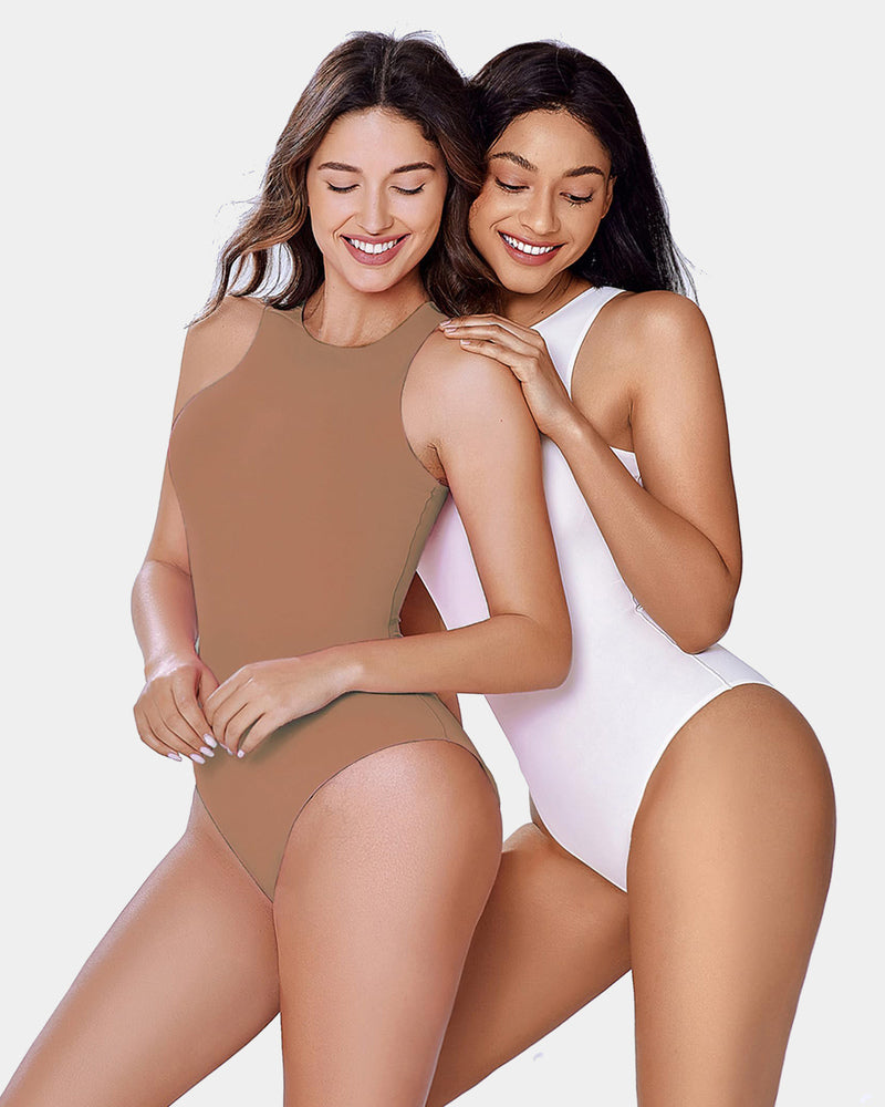 Double lined shapewear bodysuits, tan and white, high neckline, comfortable and enhancing