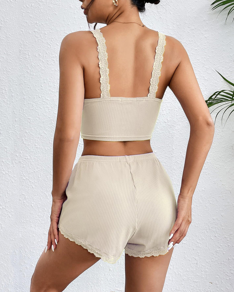 Beige ribbed lace trim pajama set with cami top and shorts, comfortable sleepwear