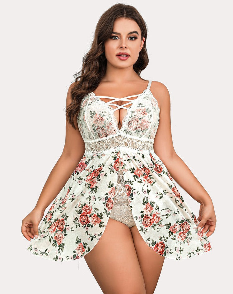 Plus Size Floral Babydoll Teddy Lingerie with Lace Cups and Criss-Cross Straps