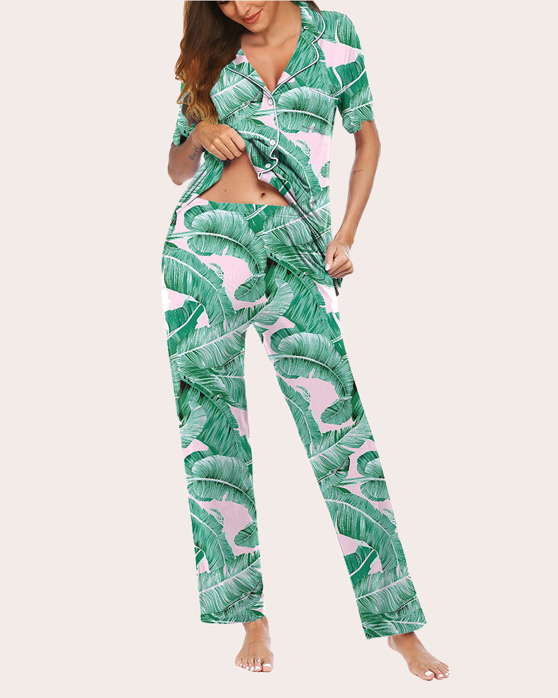 Green leaf print pajama set for women: Button-down shirt and long pants. Comfortable sleepwear.