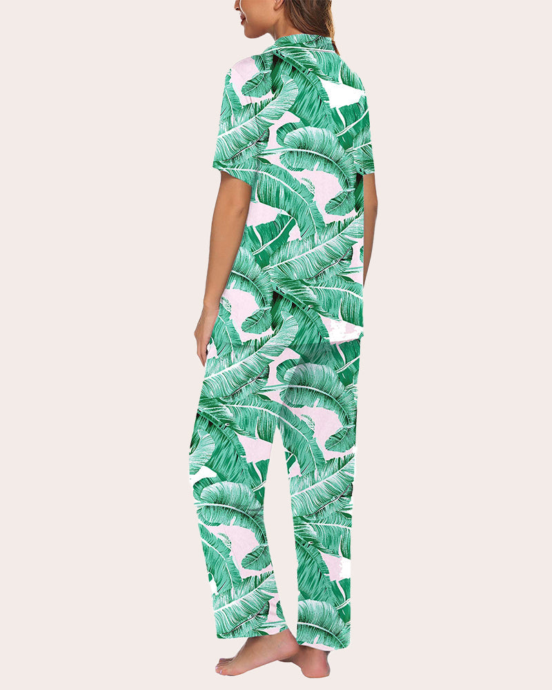 Green leaf print pajama set for women. Button-down shirt and long pants sleepwear