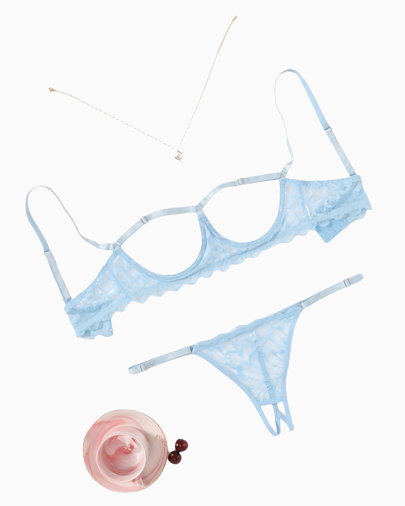 Avidlove light blue lace cupless bra and panty set, sexy lingerie with adjustable straps.