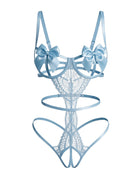 Light blue floral lace teddy with satin bow underwire cups and strappy cutouts