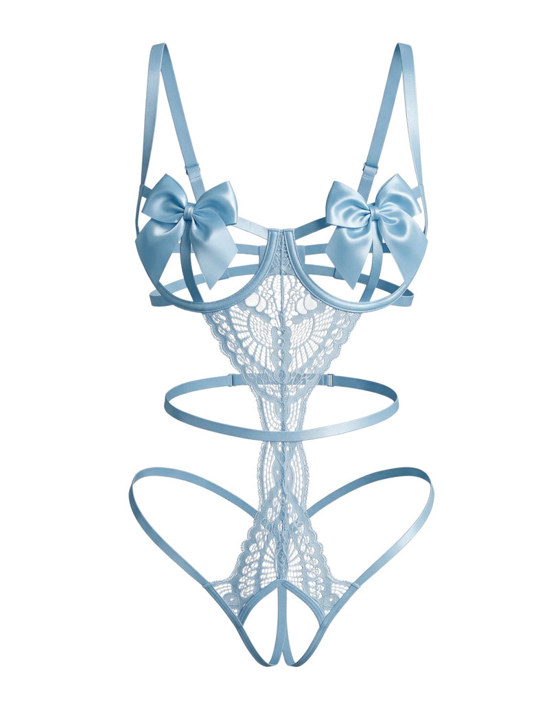Light blue floral lace teddy with satin bow underwire cups and strappy cutouts