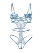 Sky blue floral lace teddy with satin bow underwire cups and strappy cutouts