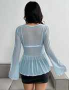 Light blue sheer mesh bolero shrug with long bell sleeves and tie-front ruffle hem