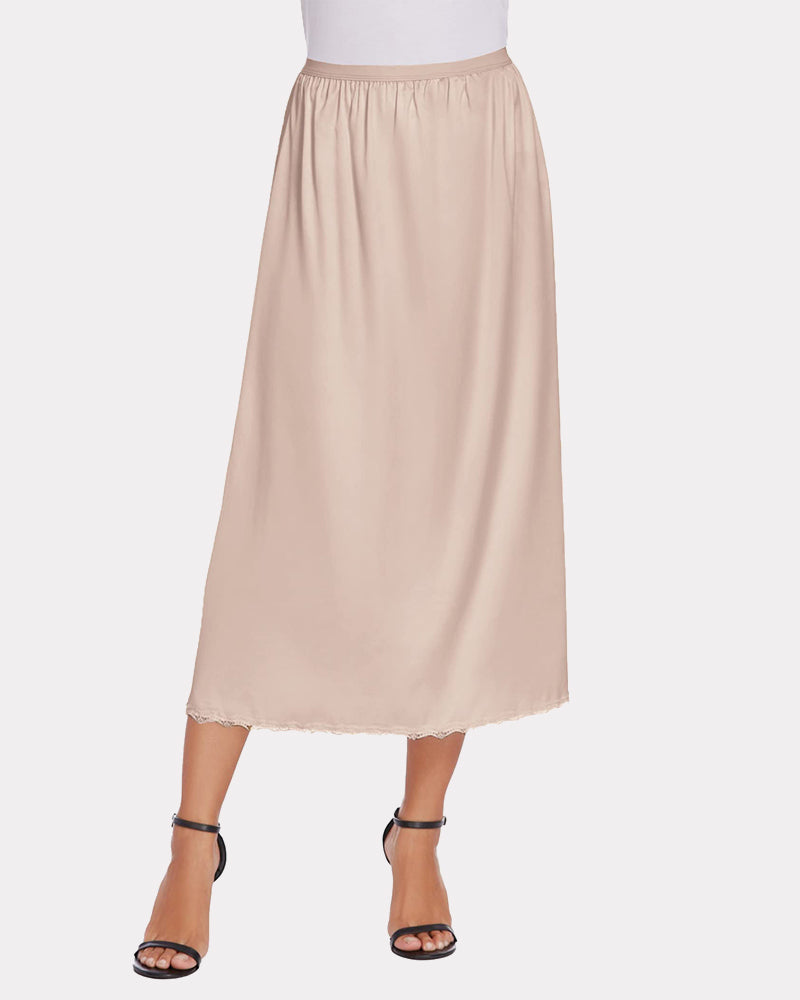 Beige satin half slip with lace trim, a feminine and comfortable long underskirt for women.