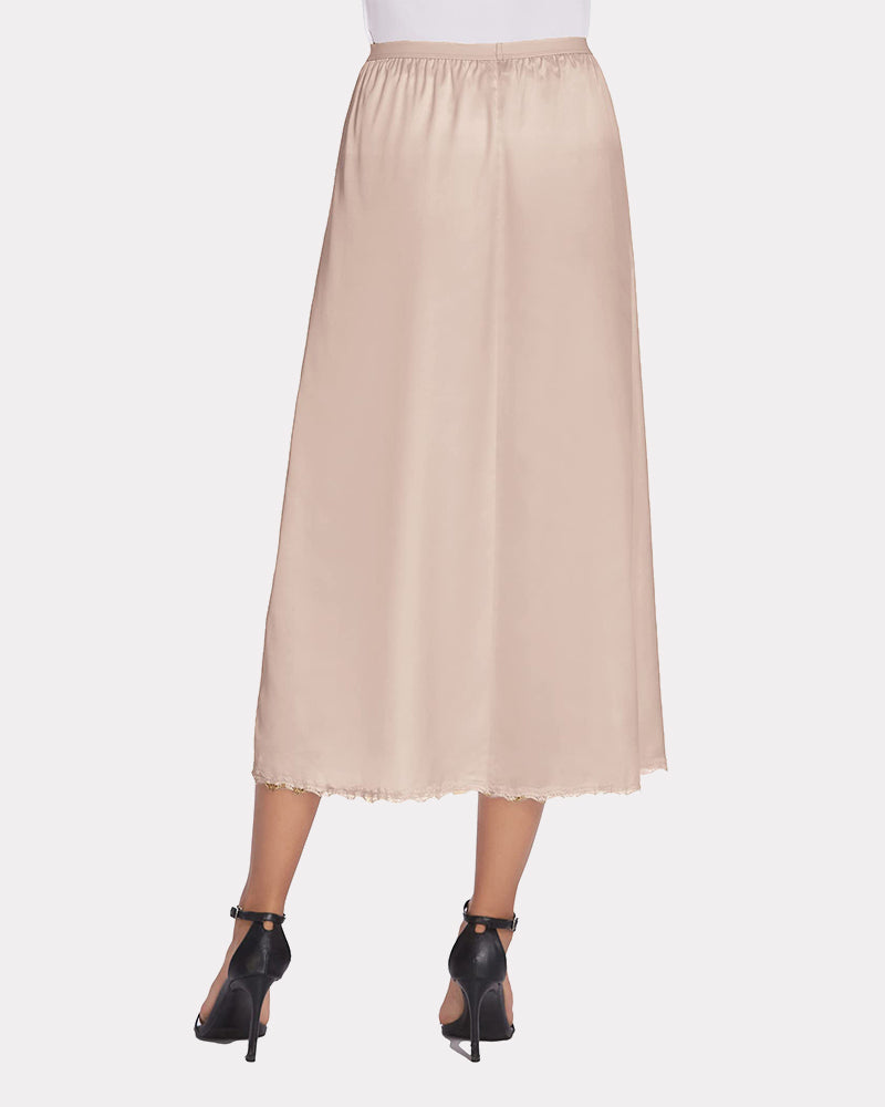 Beige satin half slip long underskirt with lace trim. Feminine, comfortable design for women.