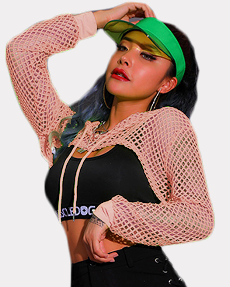 Pink mesh hoodie crop top with black bra, green visor and confident look, sexy lingerie