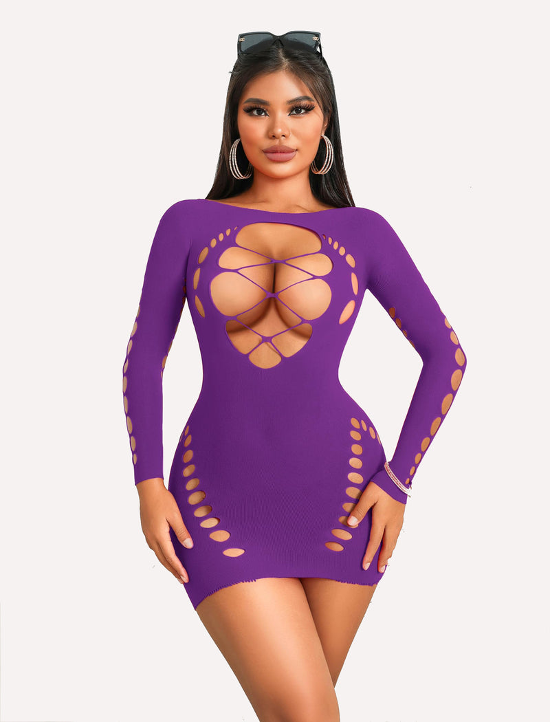 Purple long sleeve fishnet mini dress with cut-out details. Sexy lingerie for women.