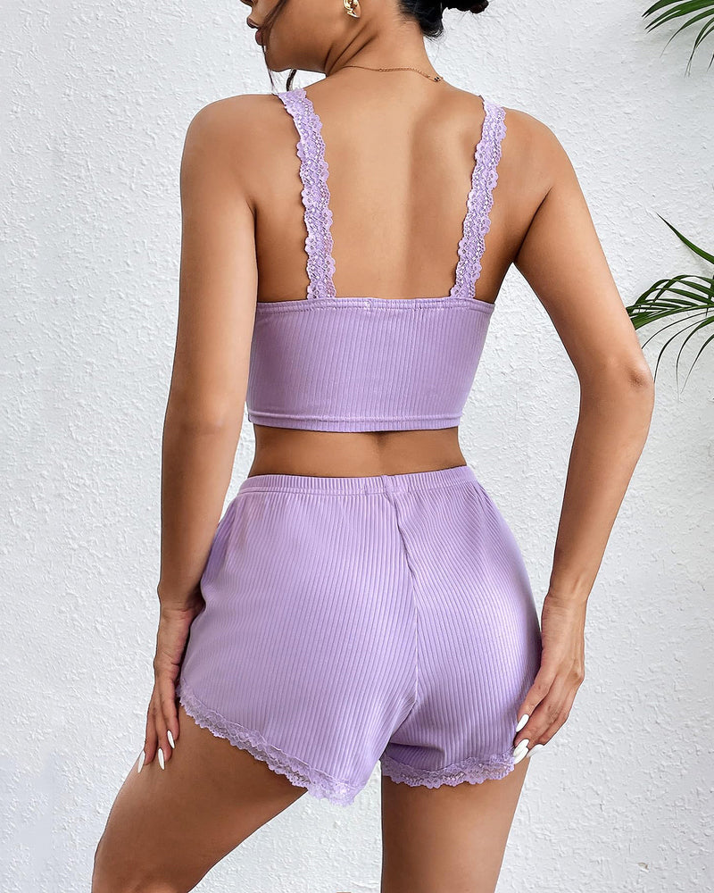 Lavender lace trim ribbed pajama set: Cami top and shorts. Comfortable sleepwear.