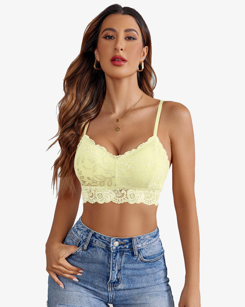 Yellow floral lace bralette crop top by Avidlove. Sexy lingerie with denim shorts. V-neck design.