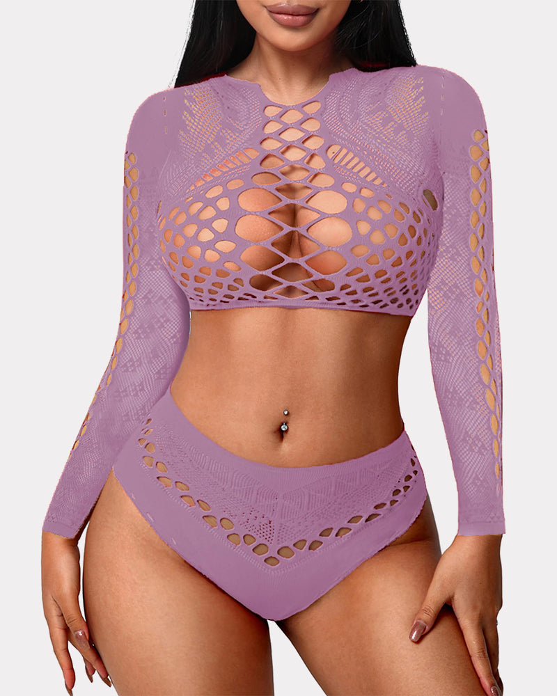Lavender fishnet two-piece lingerie set with long sleeves and high waist, showing curves.