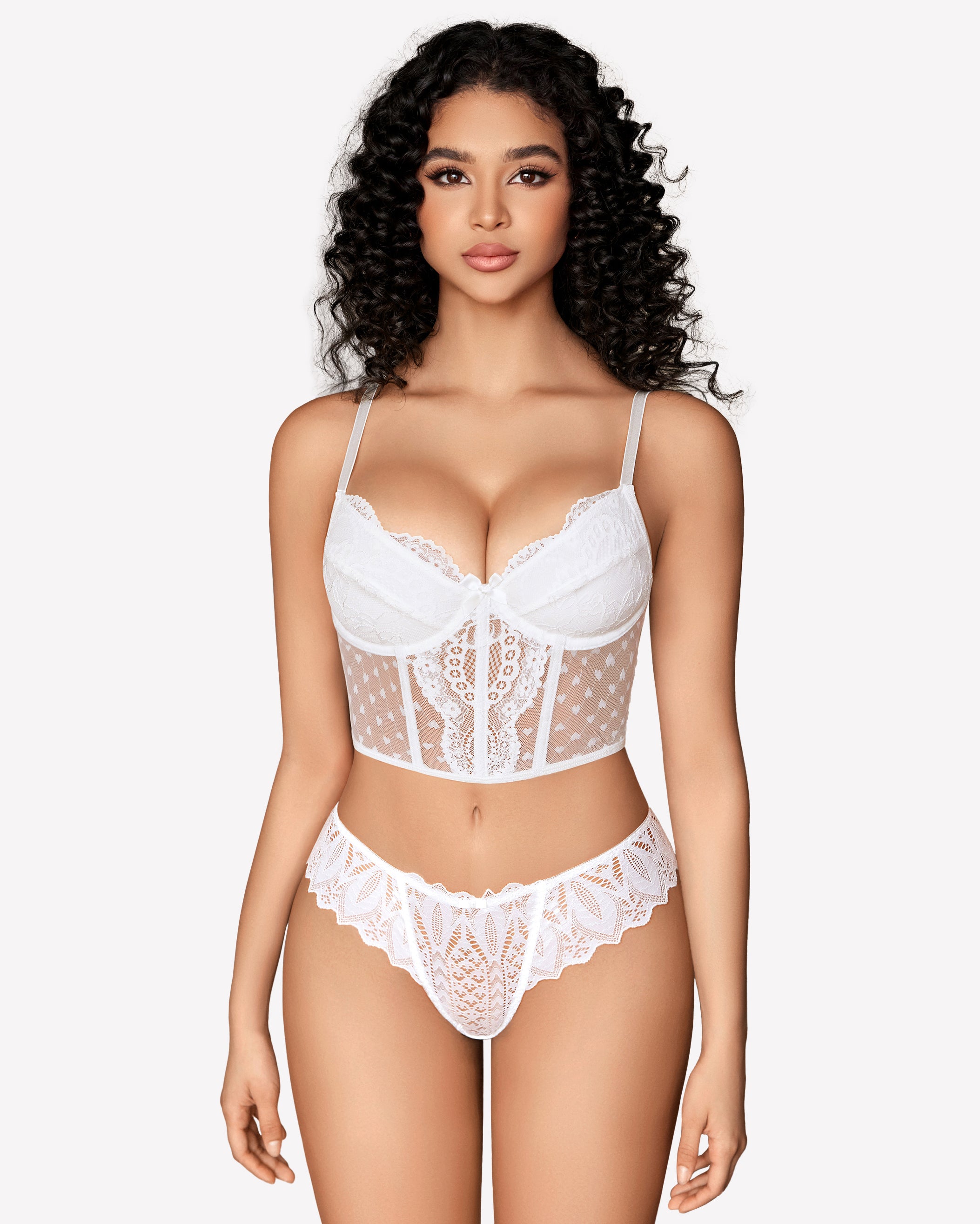 White lace cheeky thong lingerie set. Sexy lingerie for women. Delicate lace.