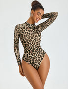 Leopard print mesh long-sleeve bodysuit, crew neck, double-lined sheer