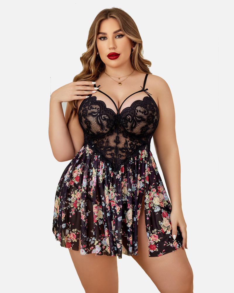 plus size lace floral print babydoll side slit nightdress