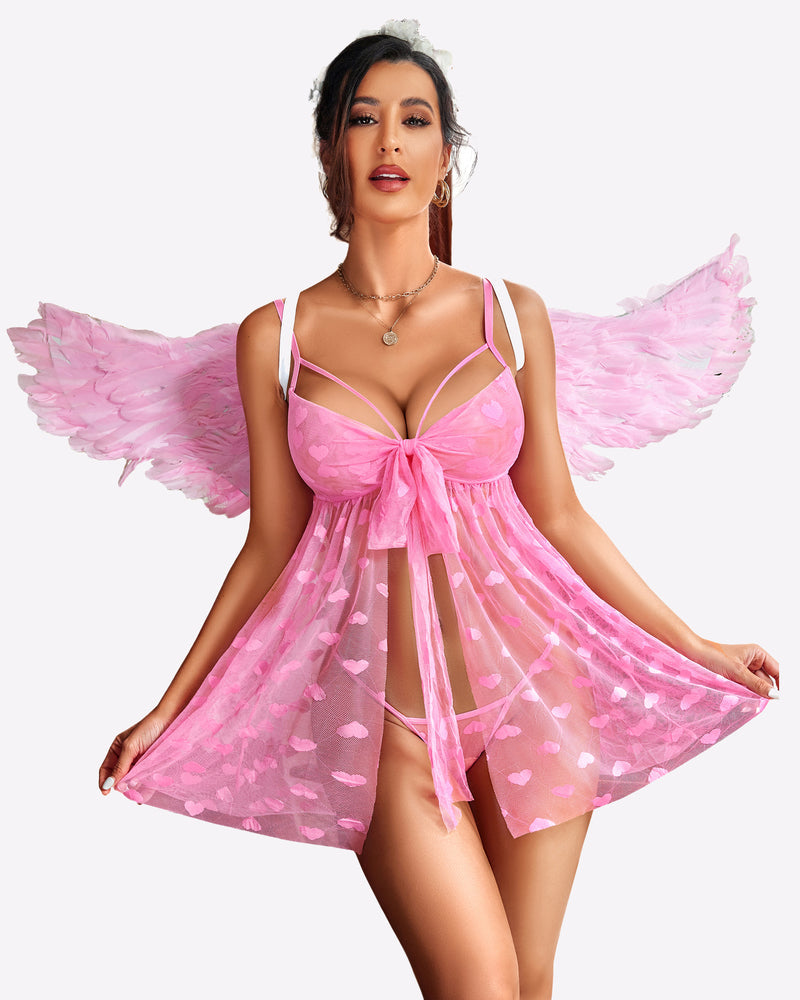 Pink heart mesh babydoll open front nighty, angel wings, bow front, adjustable straps, sexy lingerie
