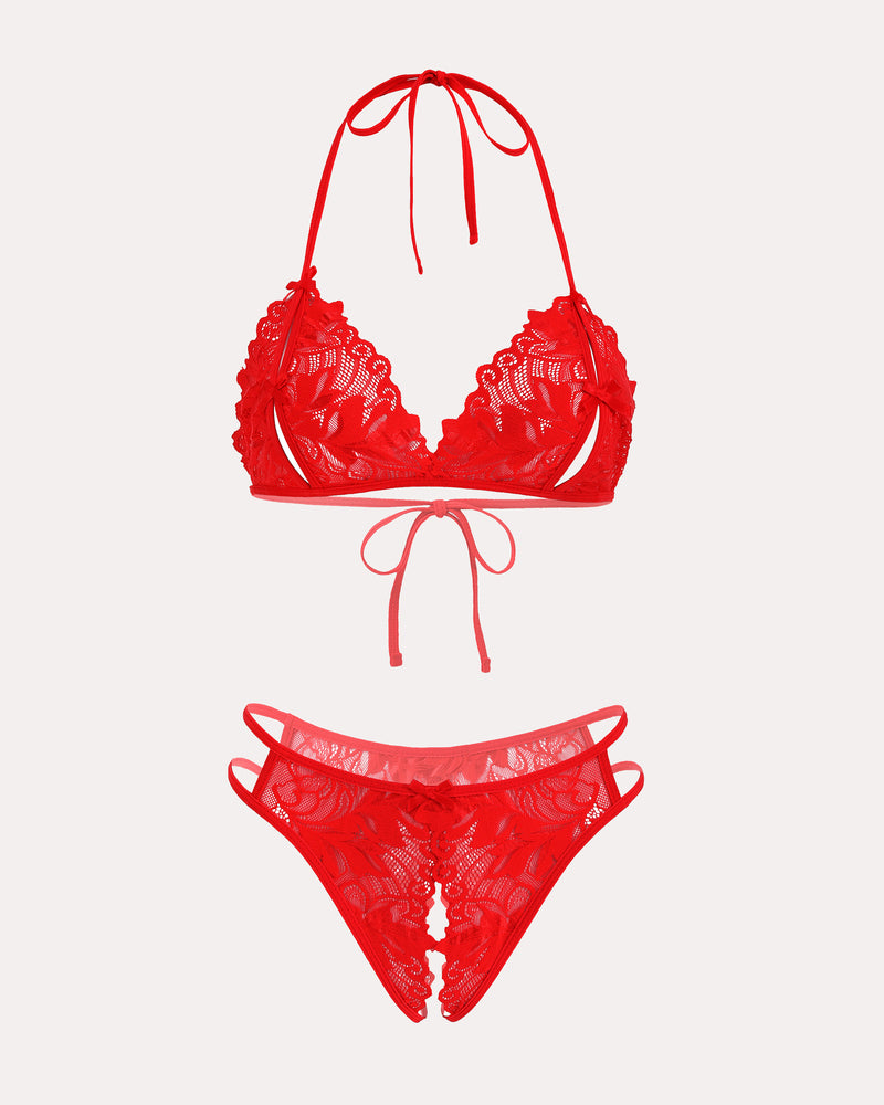 Red lace halter bra and panty set with floral details, and a playful, sexy allure.