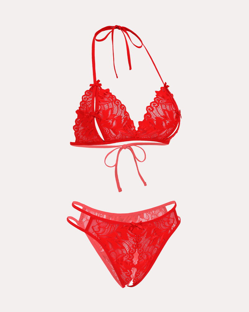 Red lace Avidlove halter bra and panty set. Halter neck and tie details. 2-piece set.