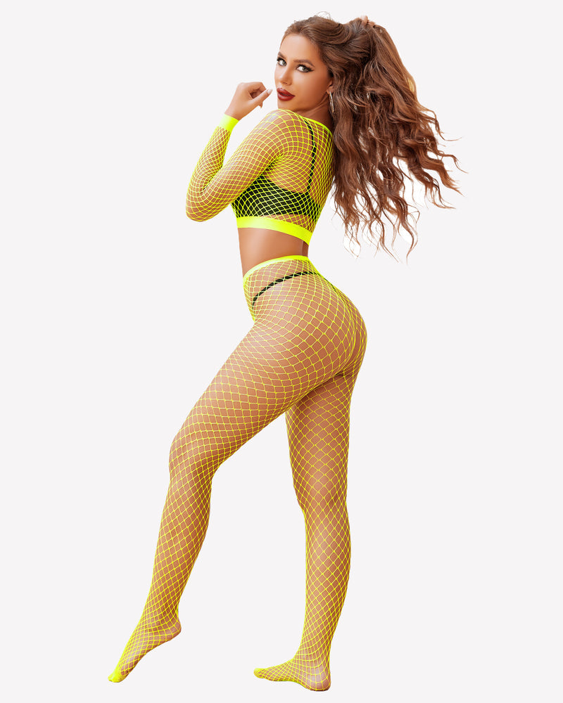 Neon yellow fishnet long sleeve two piece outfit set for women. Sexy lingerie. Avidlove design.