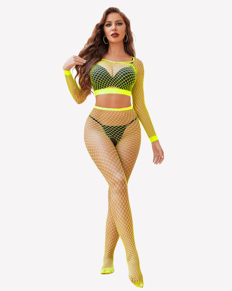Neon yellow fishnet lingerie set, long sleeve top and pants. Sexy Avidlove outfit for women.