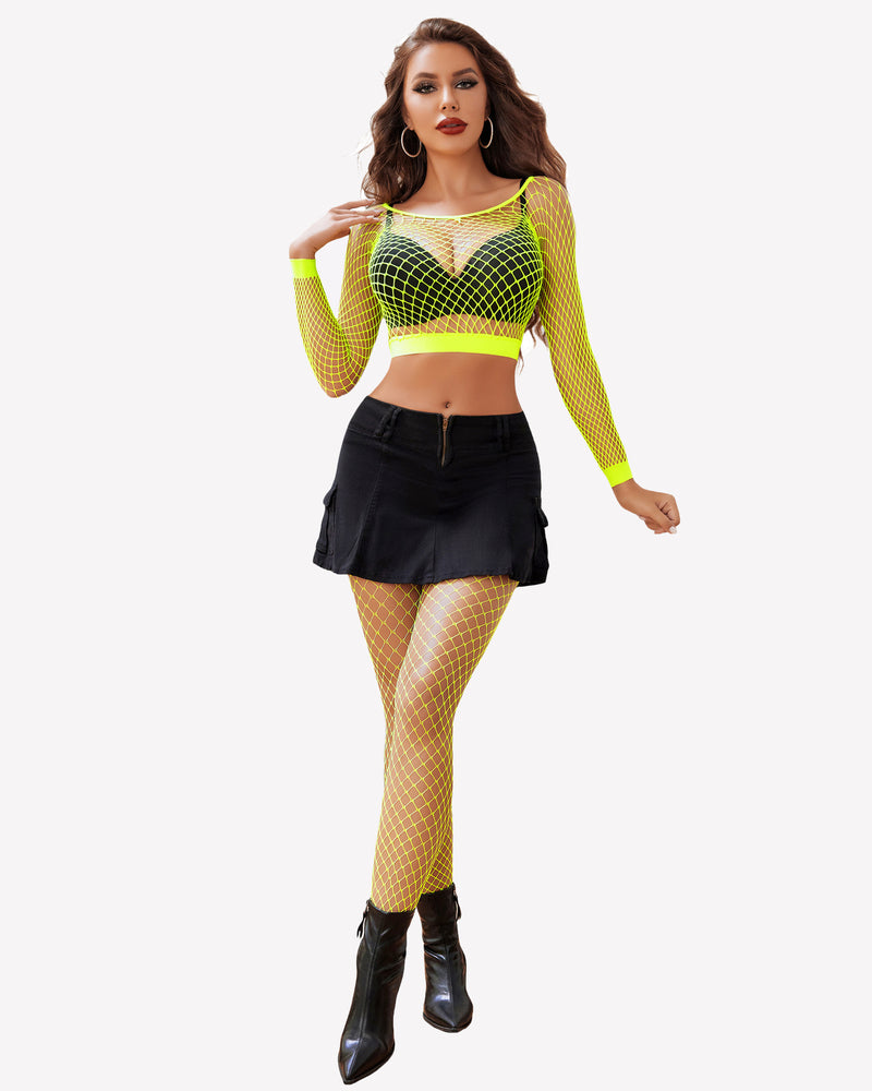 Neon yellow fishnet lingerie set, long sleeve top and skirt. Sexy Avidlove outfit for women