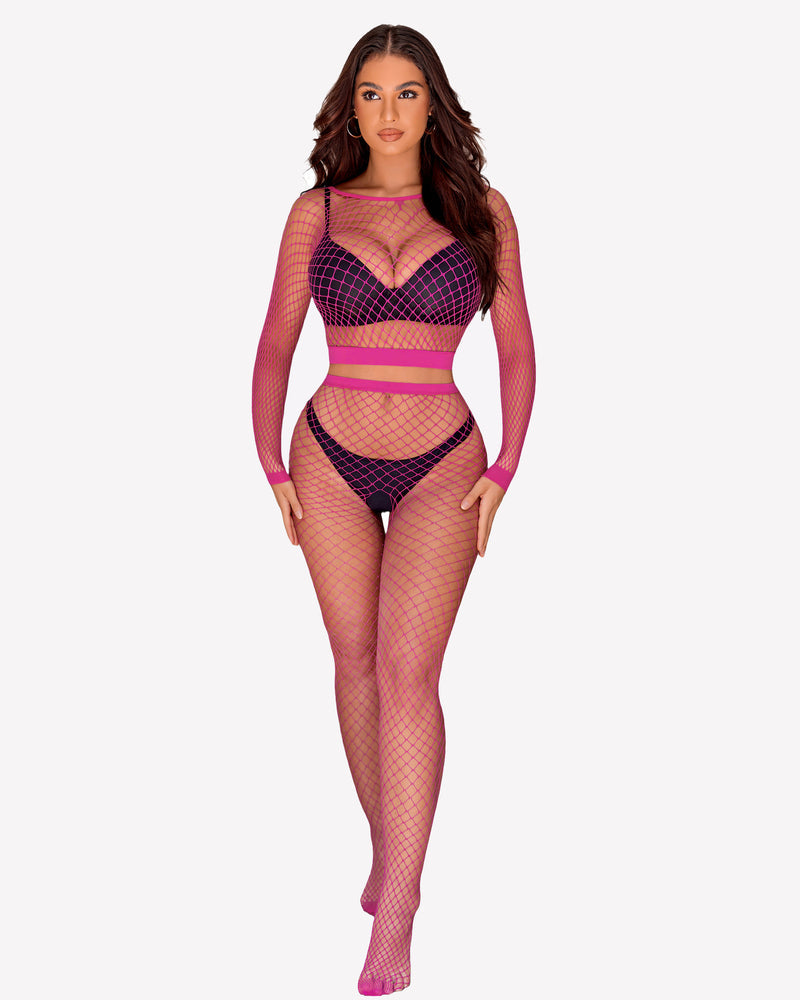 Avidlove pink fishnet lingerie set, long sleeve top and pants for women. Sexy design.