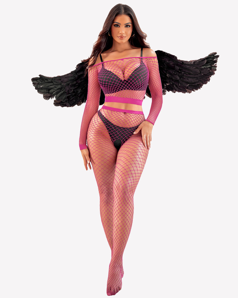 Pink fishnet two-piece lingerie set with wings. Sexy long sleeve outfit for women.