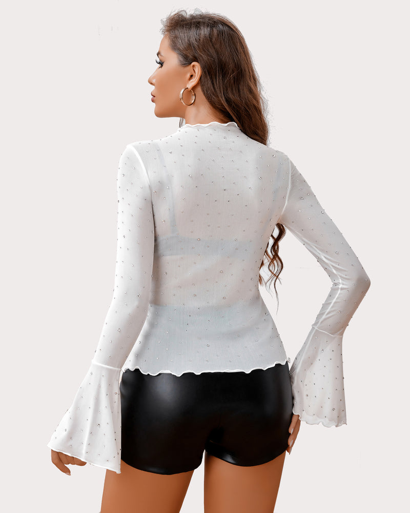 White mesh rhinestone top with bell sleeves and mock neck, sexy lingerie for women