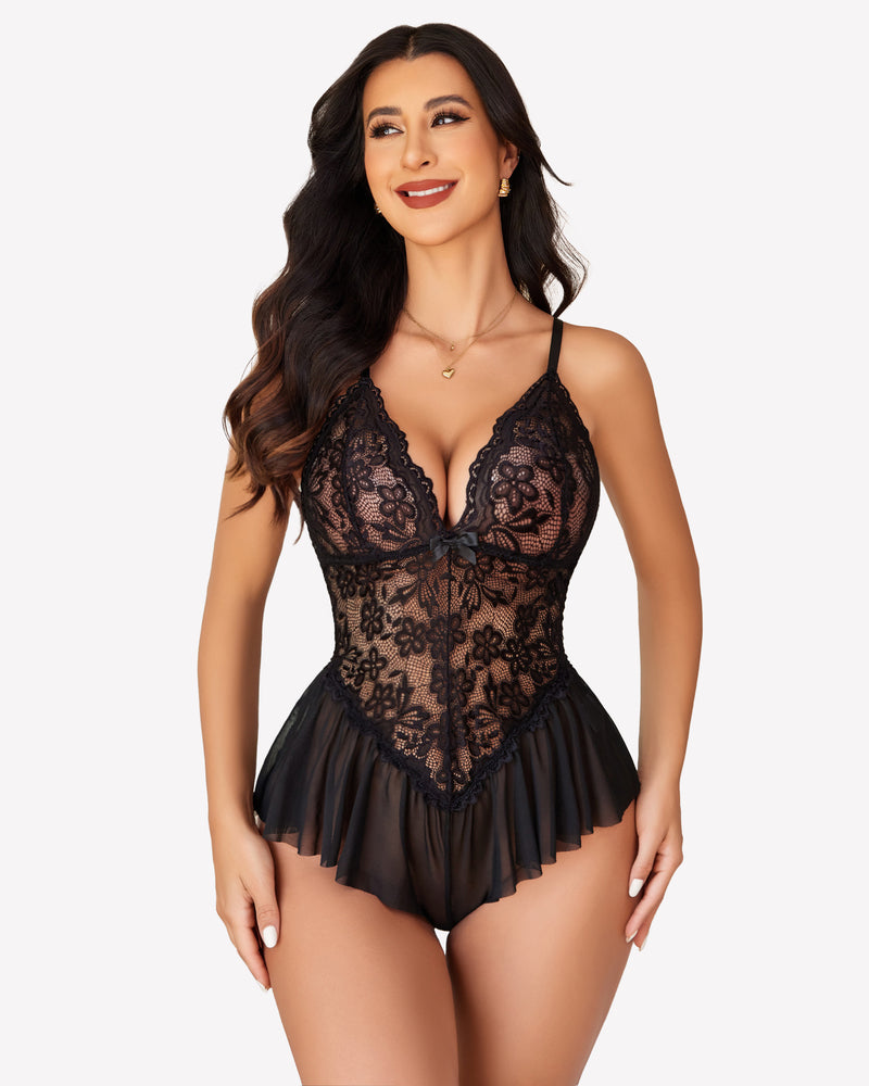 Black lace bodysuit teddy with floral lace cups and adjustable straps, elegant and charming