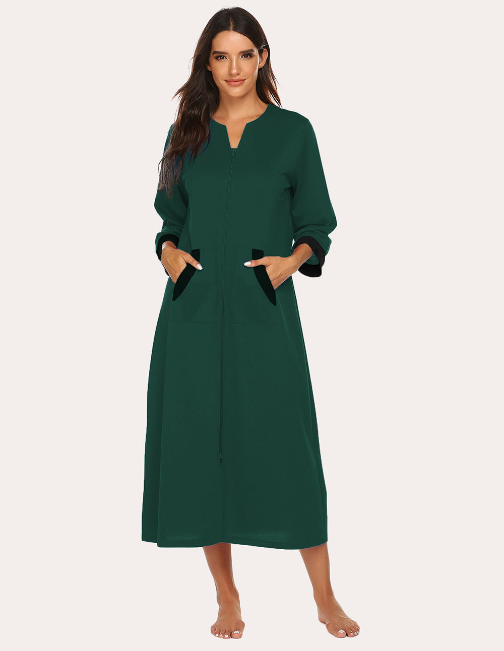 Dark green 3/4-sleeve zip front nightgown robe with contrasting pocket accents.