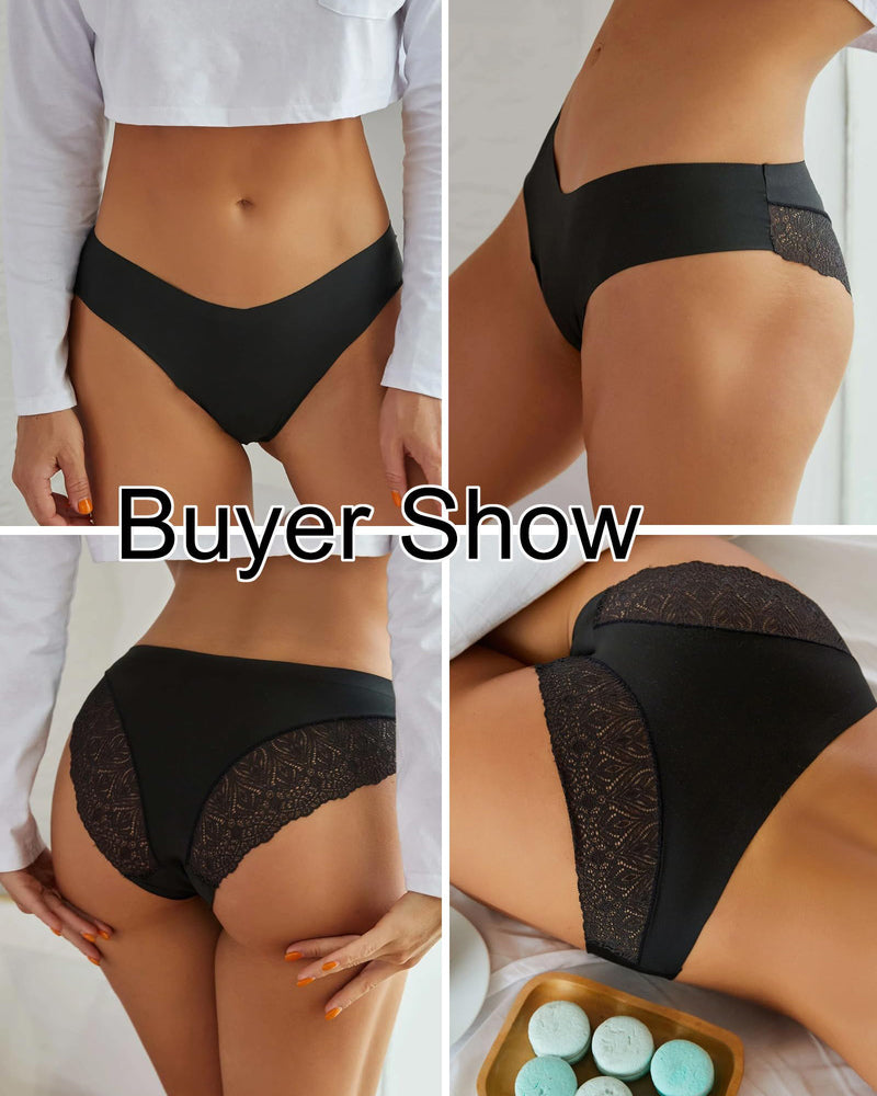 Black lace hipster panties, no-show, v-waist design. Customer show. Sexy and comfortable lingerie.