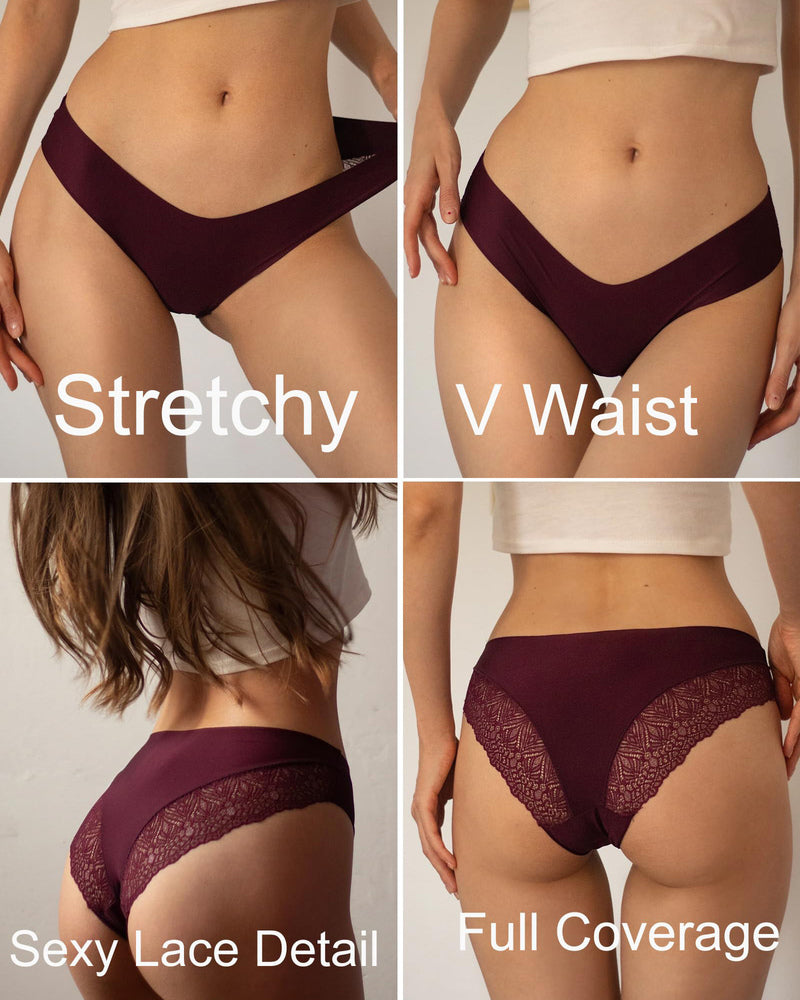 Burgundy no-show hipster panties with stretchy fabric, V-waist, sexy lace detail, and full coverage.