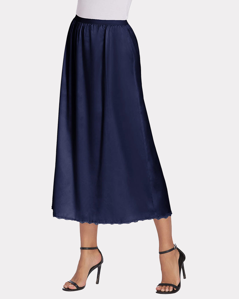 Navy blue satin half slip underskirt with lace trim, elastic waist, and flare silhouette