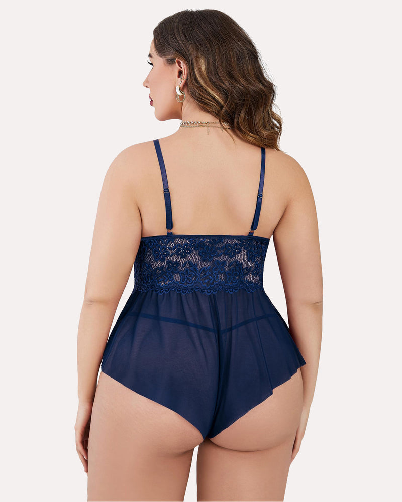 Plus size navy blue lace teddy bodysuit with adjustable straps and ruffle hem