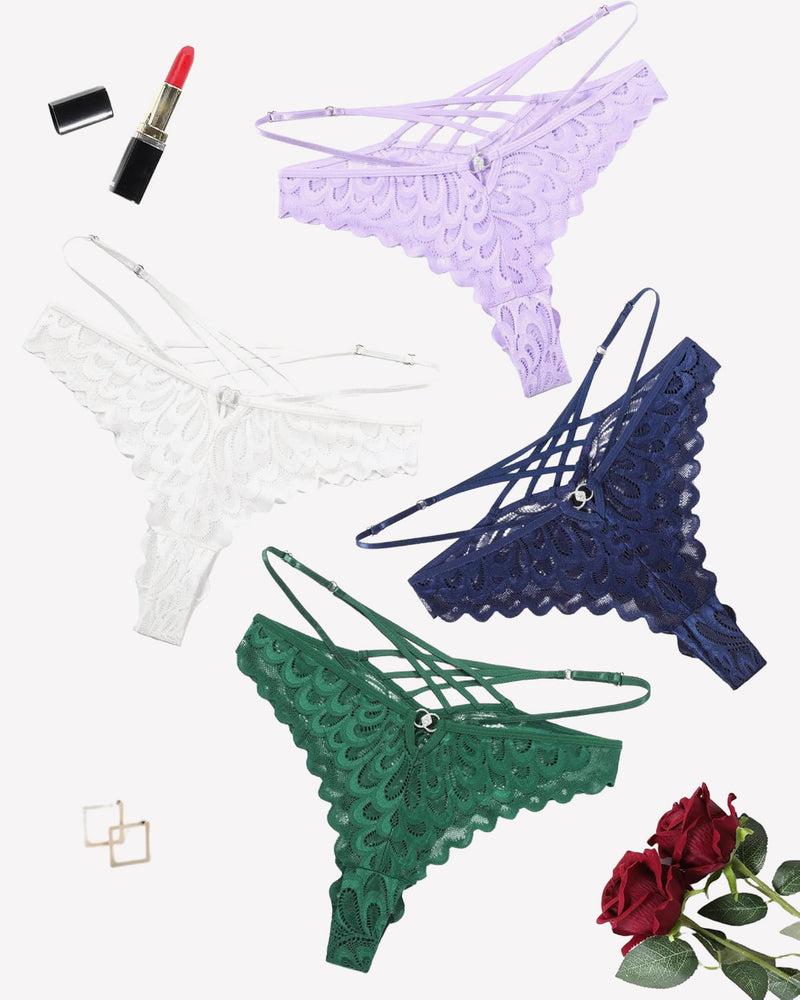 Lace thong panties in multiple colors with criss-cross back design. Sexy lingerie.