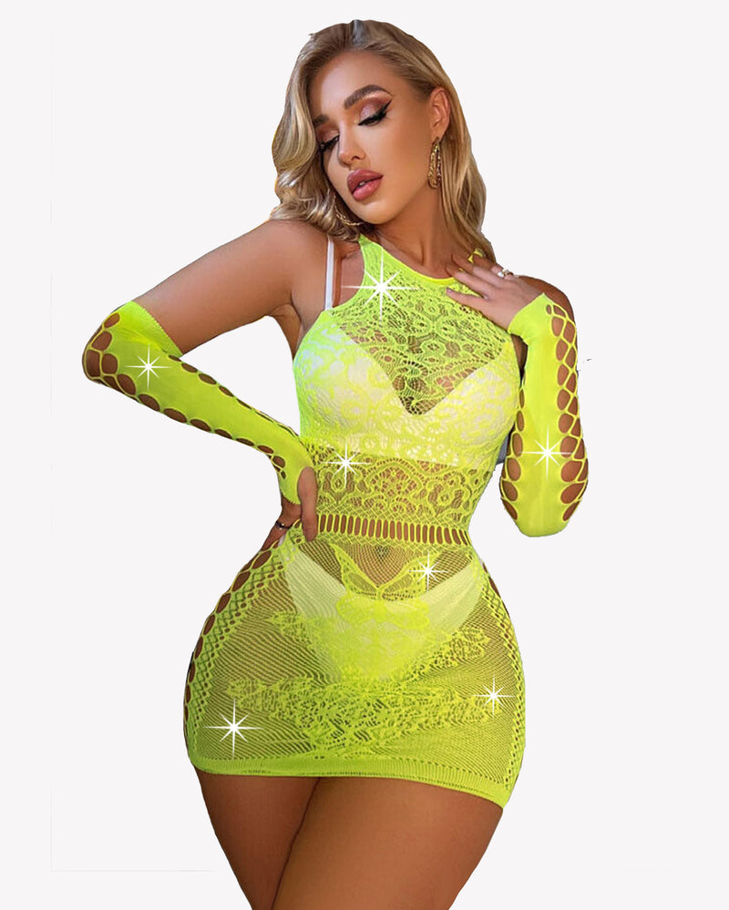 Neon green fishnet chemise lingerie set with gloves, sexy design for confident women, lace detailing
