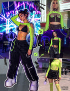Neon green cut-out fishnet shrug crop top with long sleeves and lattice sleeve cutouts