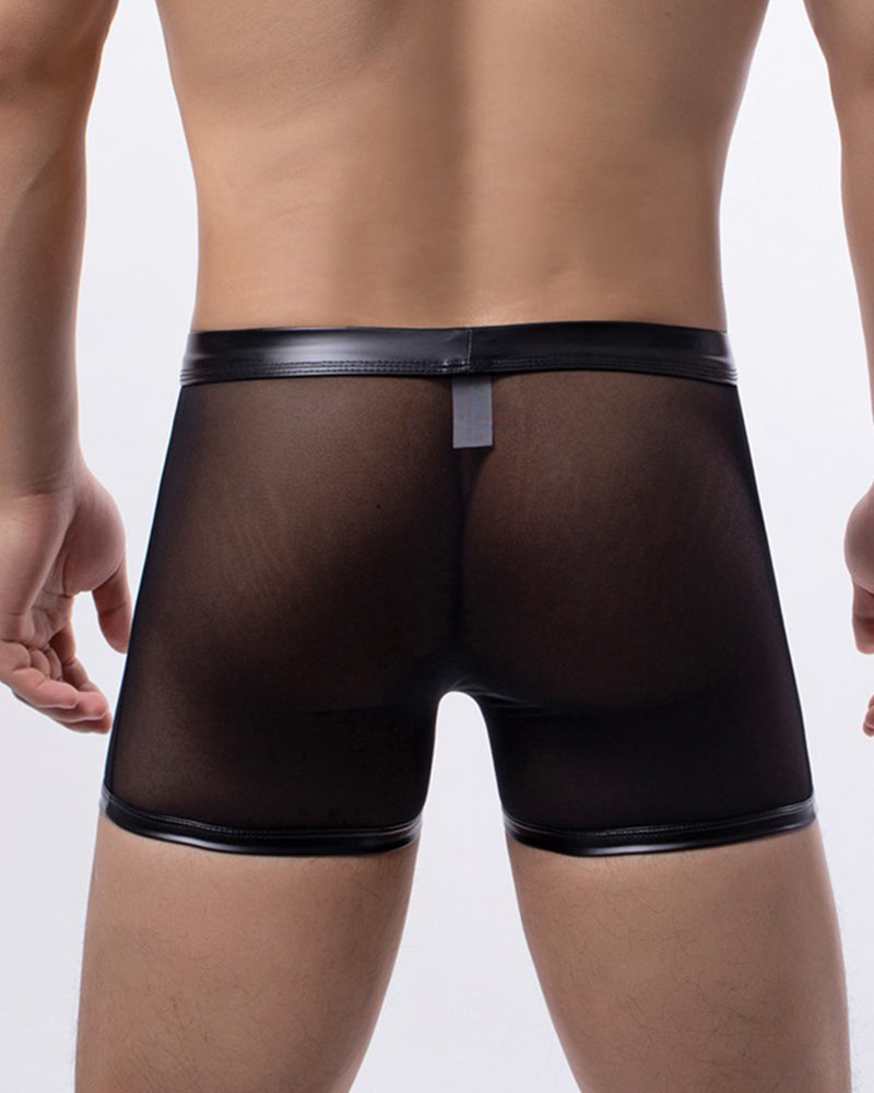 Black mesh boxer briefs with PU leather-look trim, wide waistband