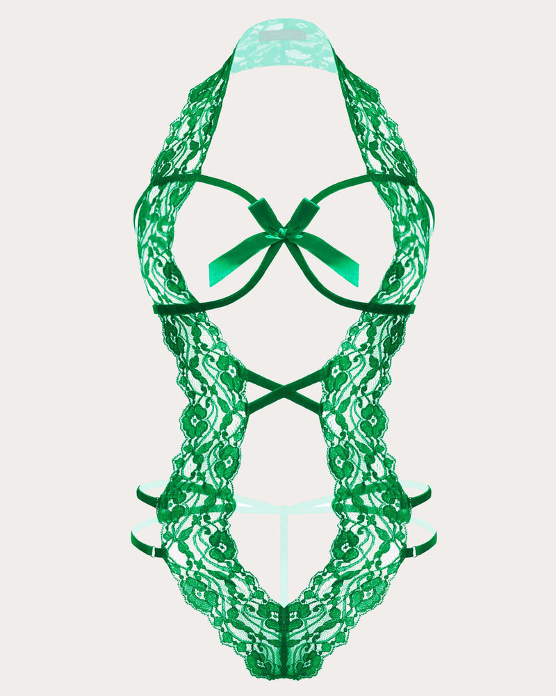 Green lace halter bodysuit with deep V-neck and bow detail. Sexy lingerie for women.