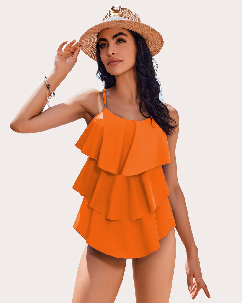 Orange Ruffle Tankini Swimsuit with layered design for women, beachwear ready.