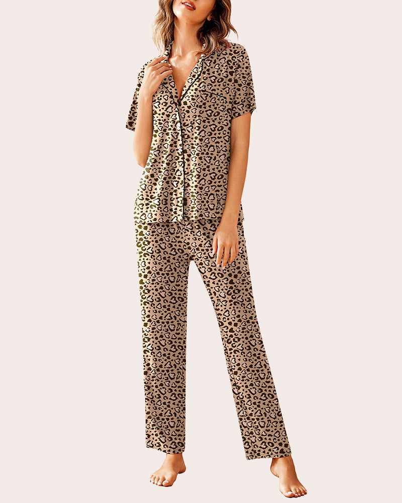 Leopard print pajamas set: Button-down shirt and long pants. Soft, comfortable sleepwear.