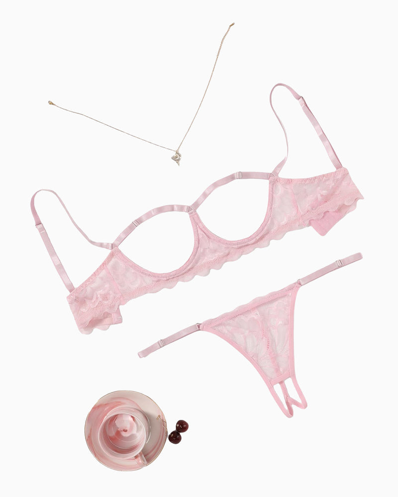 Pink Avidlove cupless bra and panty set. Sexy lingerie with lace details. Adjustable straps.