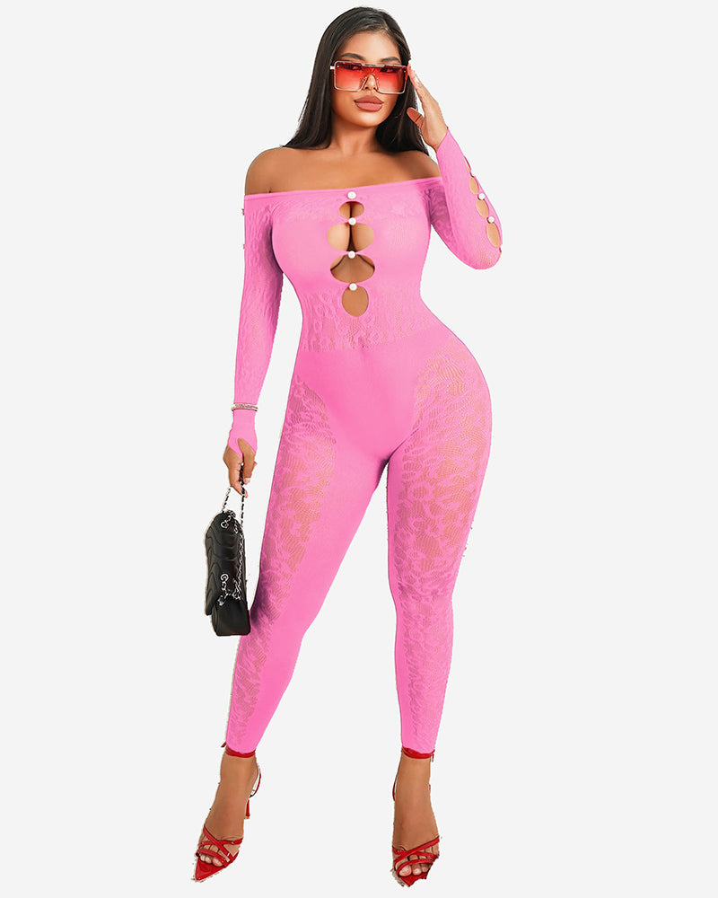 Pink fishnet bodysuit with lace details and cut-out design, sexy lingerie for women, Avidlove
