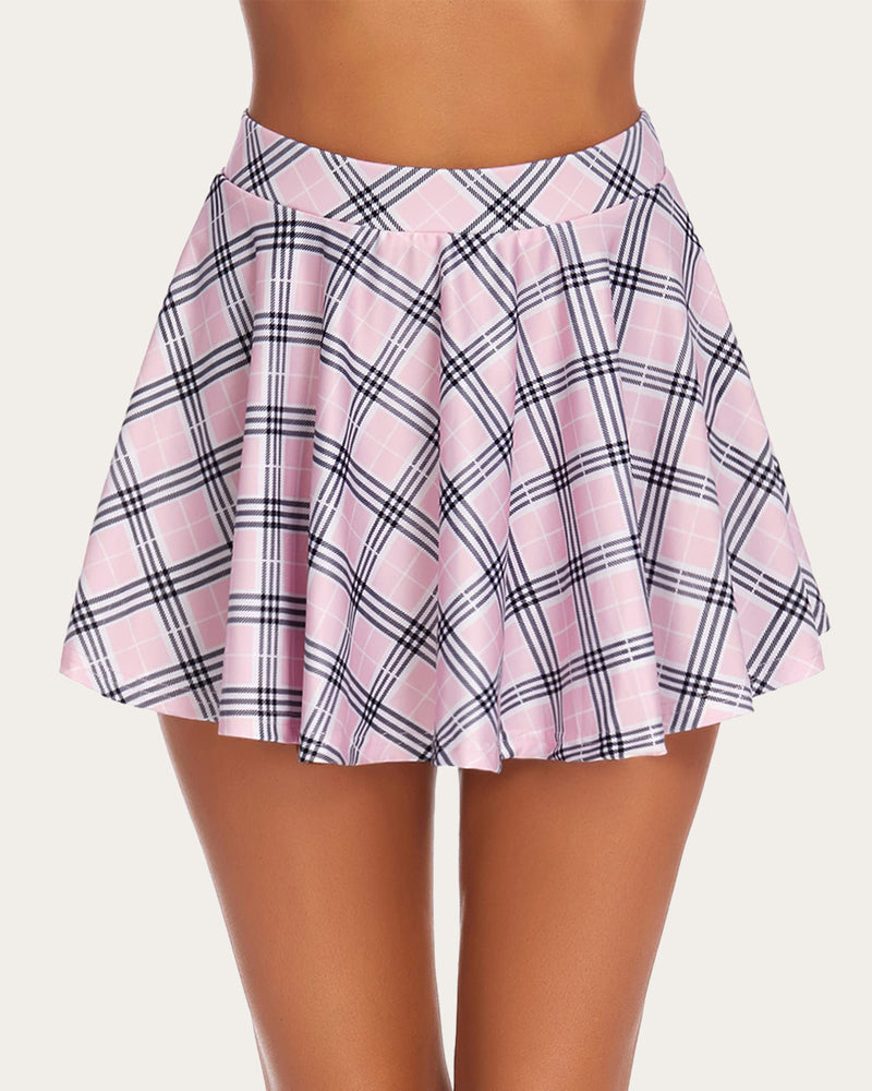 Pink plaid A-line mini skirt, high-waisted design, schoolgirl style, breathable fabric