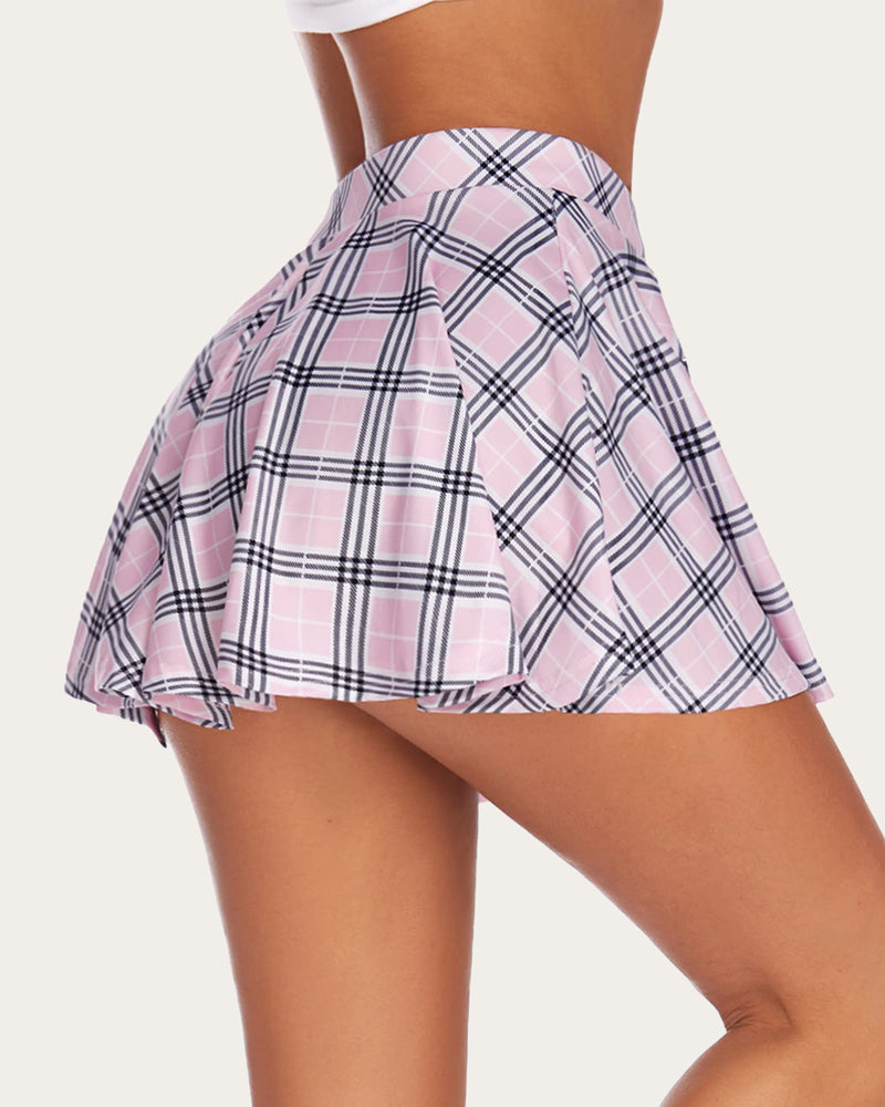 Pink plaid A-line mini skirt, high-waisted flared design, schoolgirl style.