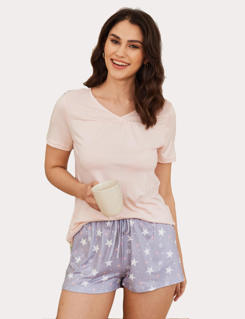 Women's gray star print shorts pajama set. Comfortable rayon sleepwear for casual wear.