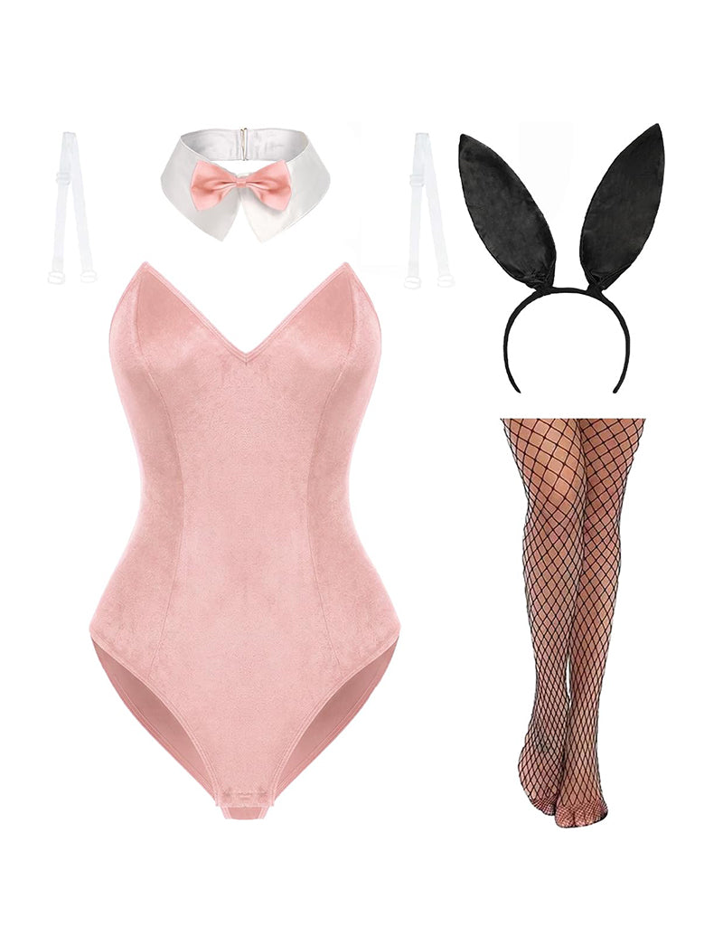 Pink velvet bunny bodysuit with bow collar, ear headband, and fishnet stockings
