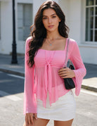Pink sheer chiffon top with square neckline, long sleeves, and front tie