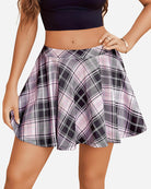 Pink and black plaid A-line mini skirt, schoolgirl style, comfortable and stylish flared design